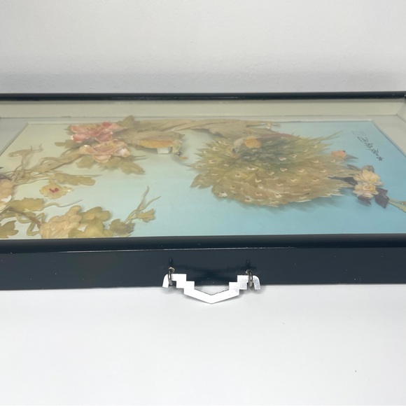 Vintage Asian Shell Art Peacock Flowers Framed Wall Art - Picture 11 of 13